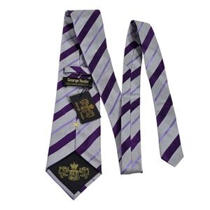 NWT George Neale Mens REPP Striped Silk Necktie Purple Grey Formal Business
